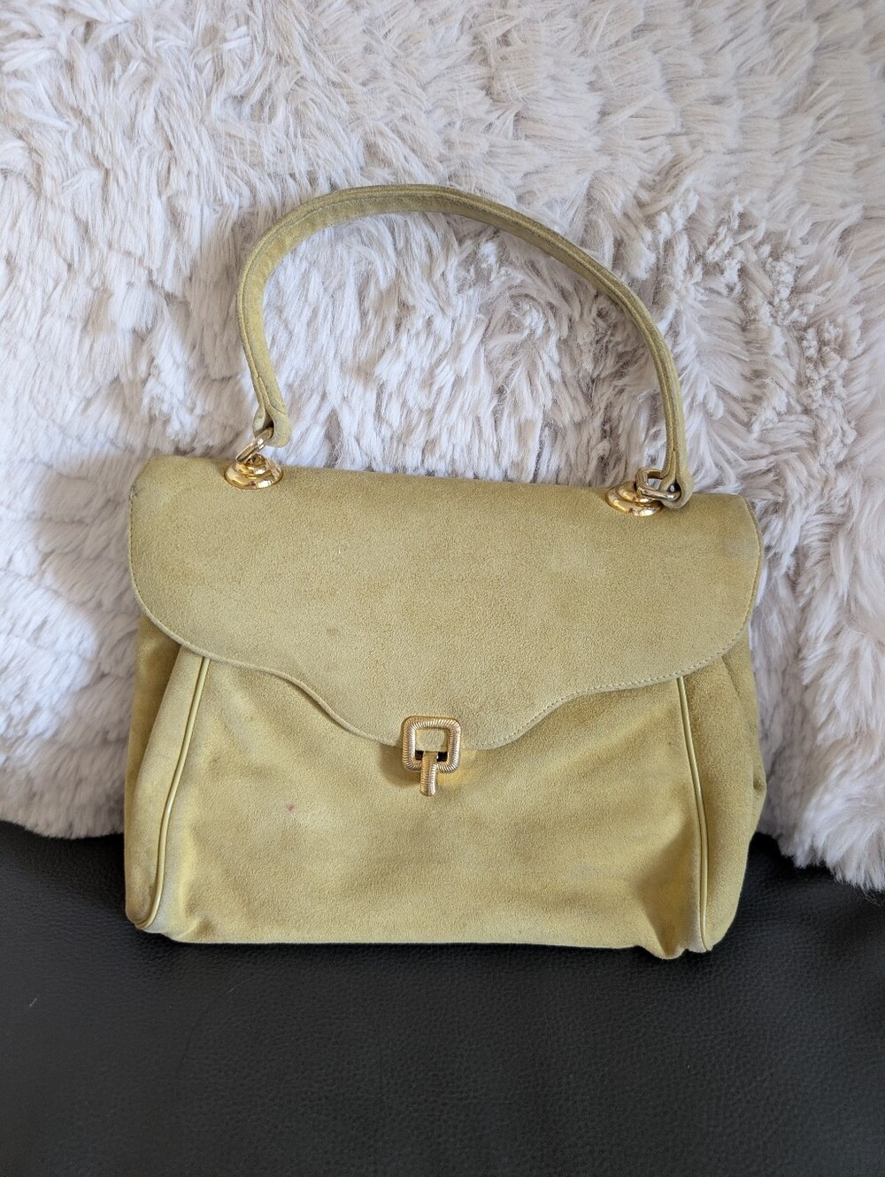 Vintage 1950's 60's Chartreuse Suede Leather Gold Plated Top-Handle Dainty Bag